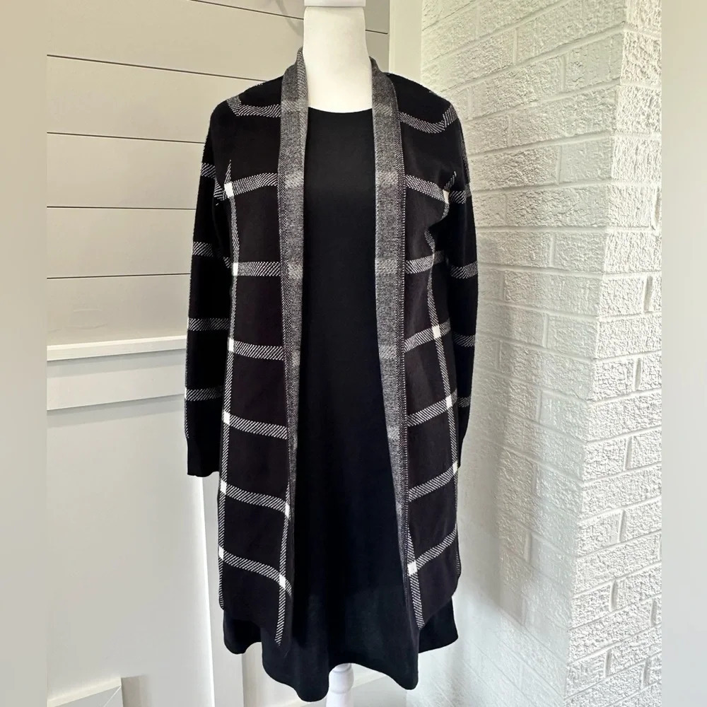 NWT 89th & Madison Womens Black And White Long Sleeve Open Cardigan Sweater S/P